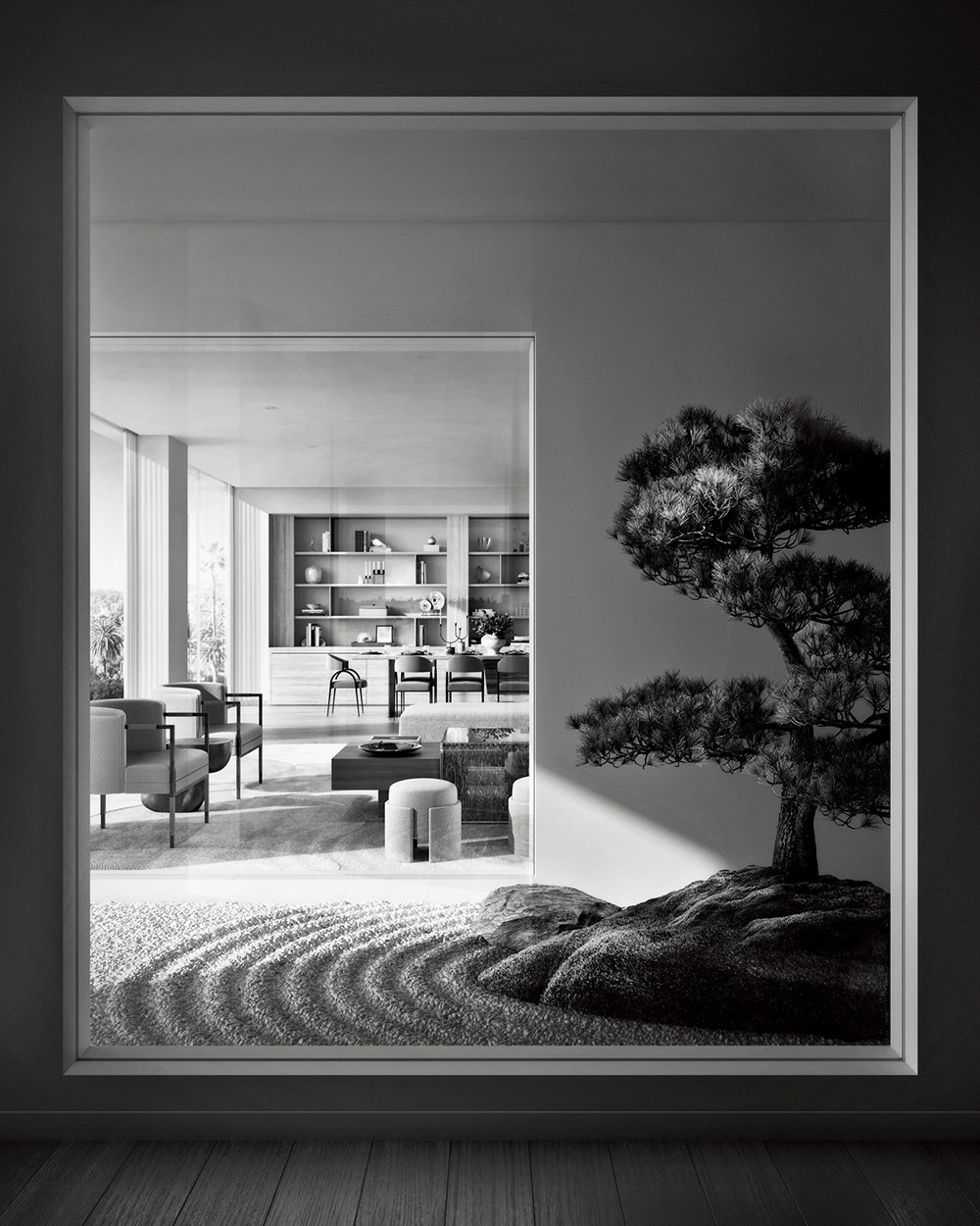 Zen rendering with bonsai tree and sand