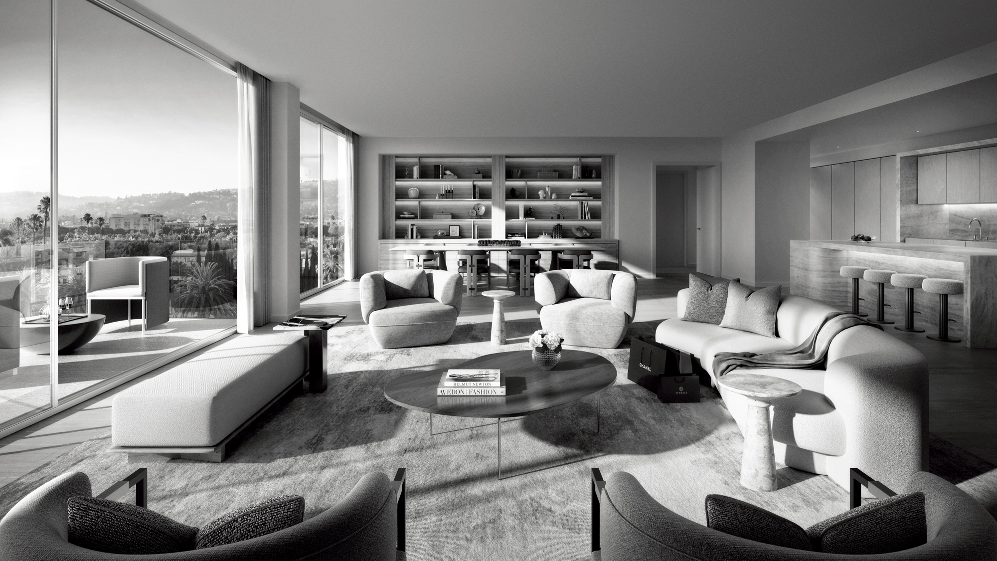 Rendering of a unit living area with couches and luxury furniture