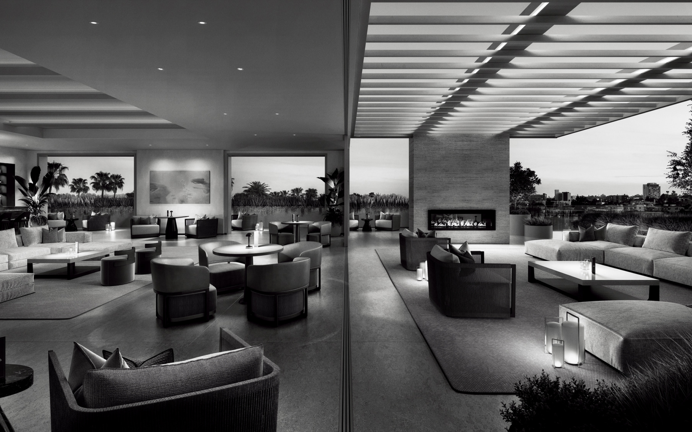 Luxurious indoor and outdoor lounge setup with many chairs and couches