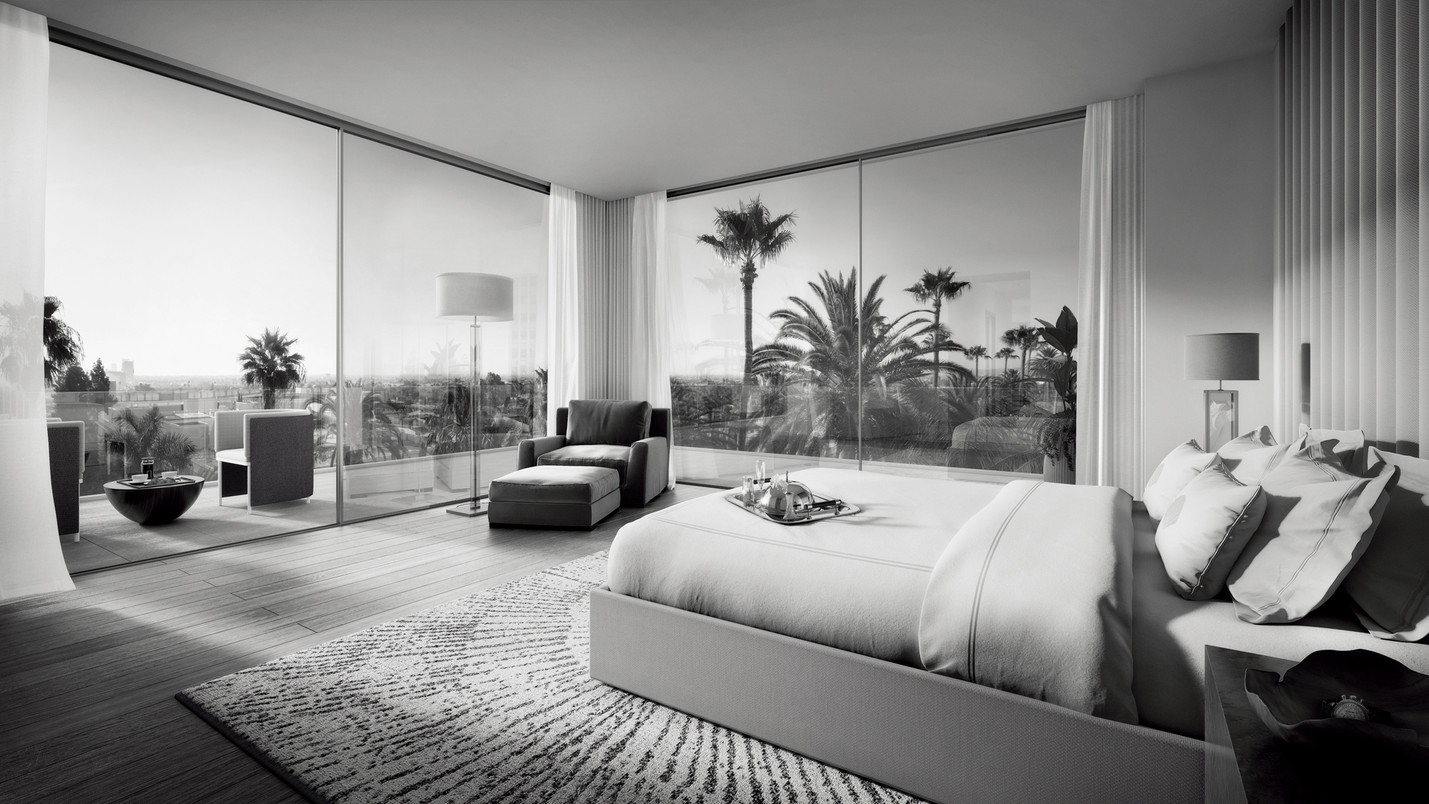 Bedroom rendering with breathtaking views of Los Angeles